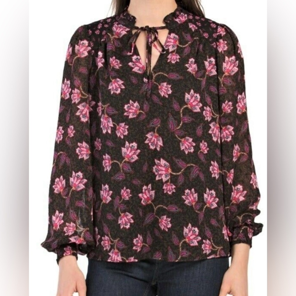 MAISON D'AMELIE Anthropologie Floral‎ Pink Brown Print Puff Sleeve Blouse Medium
